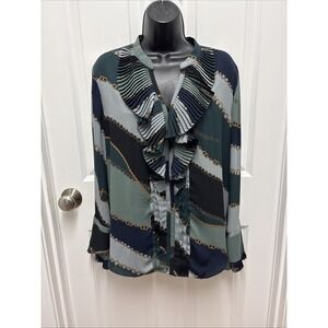 Ann Taylor‎ Pleated Ruffle Front Gray & Navy Chainlink Buttondown - Size Medium
